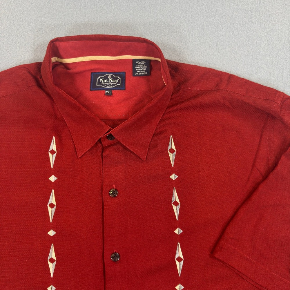 Nat Nast Luxury Originals Red Silk Blend Embroidered Button Up Shirt XXL 3568